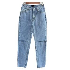 PrettyLittleThing High Rise Distressed Knee Jeans 4 Light Wash Straight